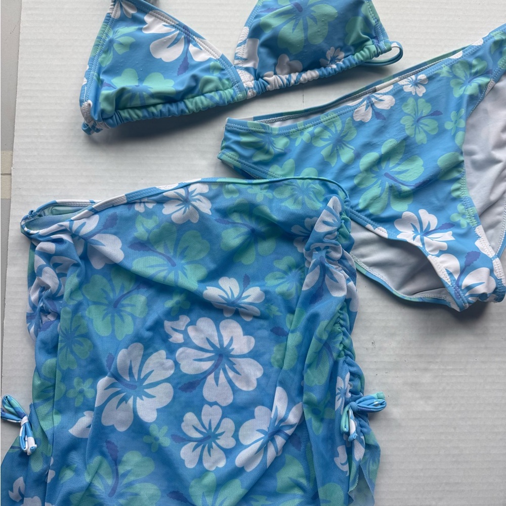Kids Blue Floral Bikini Set with Cover-Up